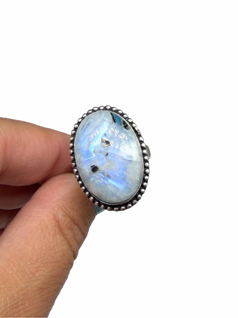 Blue Flash Rainbow Moonstone Ring Size 9 925 Sterling Silver Overlay Oval Stone - Picture 4 of 11